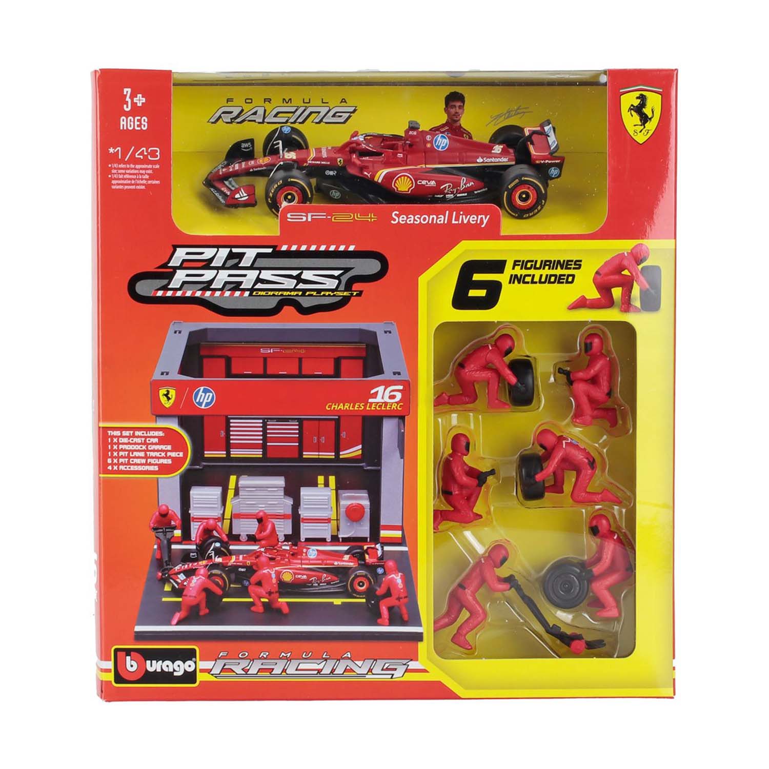 BURAGO FERRARI 1/43 F1 SF-24 DIORAMA GARAGE PIT-STOP TEAM SCUDERIA FERRARI N 55 SEASON 2024 CARLOS SAINZ WITH CREW FIGURE AND ACCESSORIES