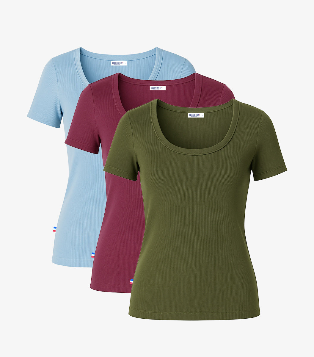 T-shirt Femme Côtelé x3 - Ciel / Bordeaux / Kaki