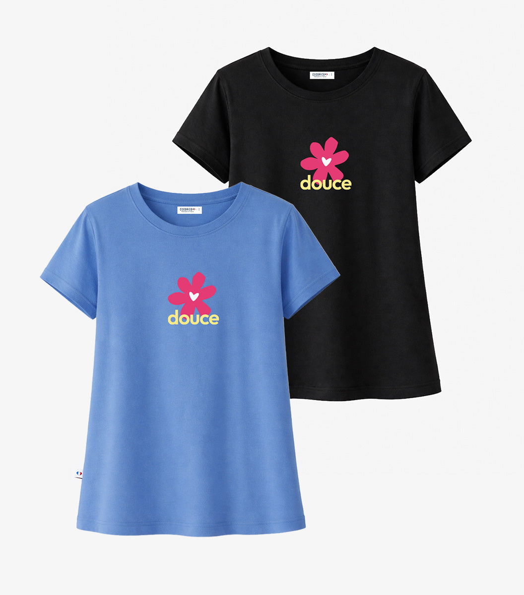 T-shirt Pyjama Femme Noir/Bleu Riviera x2 - Pack Douce